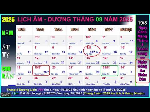 Lịch dương tháng 8 năm 2025, Lịch vạn niên và lịch âm tháng 6 -7/2025