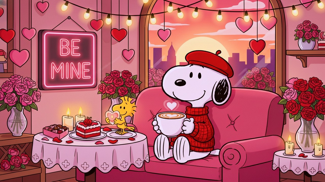 Valentine Lofi with Snoopy 💖 Cozy Sunset Café