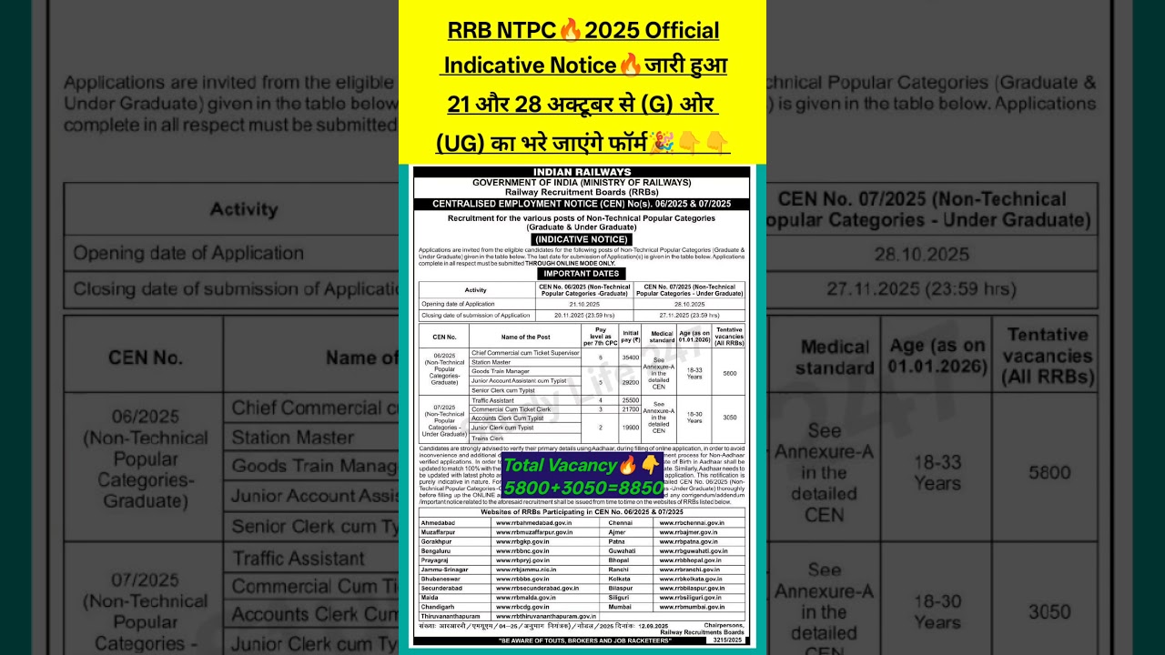 RRB NTPC Official Notice 2025🔥l NTPC New Vacancy Out 🎉 l #shorts #ntpcvacancy #railway #shortsfeed