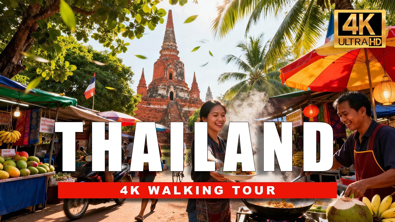 Ayutthaya 4K Walk: Temples, Songkran & Night Market 🌅