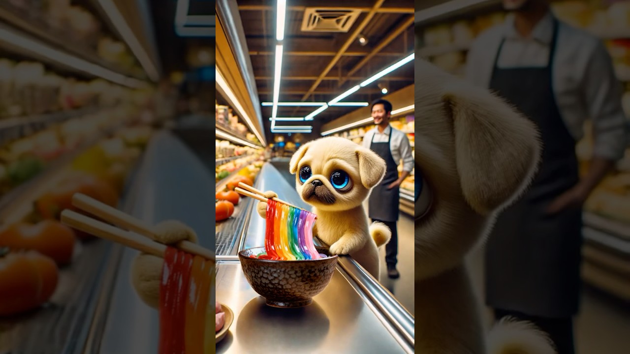 Adorable Frenchie Surprises a Fairy Girl with Rainbow Noodles 🌈