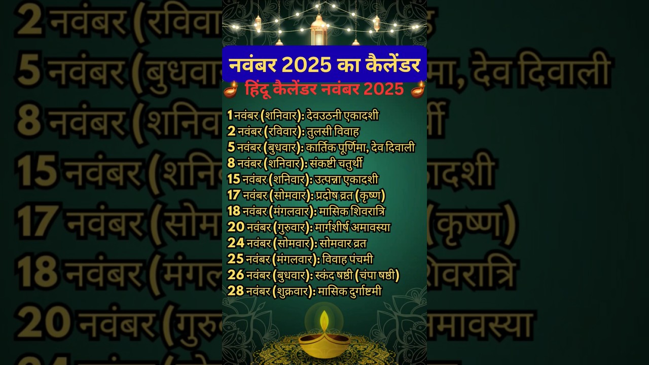 नवंबर 2025 हिंदू कैलेंडर: व्रत, त्योहार और शुभ अवसरों की पूरी सूची 🪔