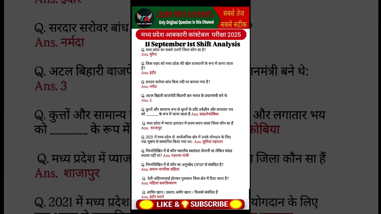 MP आबकारी आरक्षक 2025 परीक्षा विश्लेषण | 11 सितंबर प्रथम शिफ्ट का सम्पूर्ण विवरण 📝
