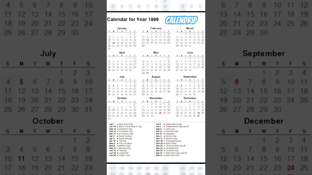 1999 Calendar with Festivals & Holidays 📅