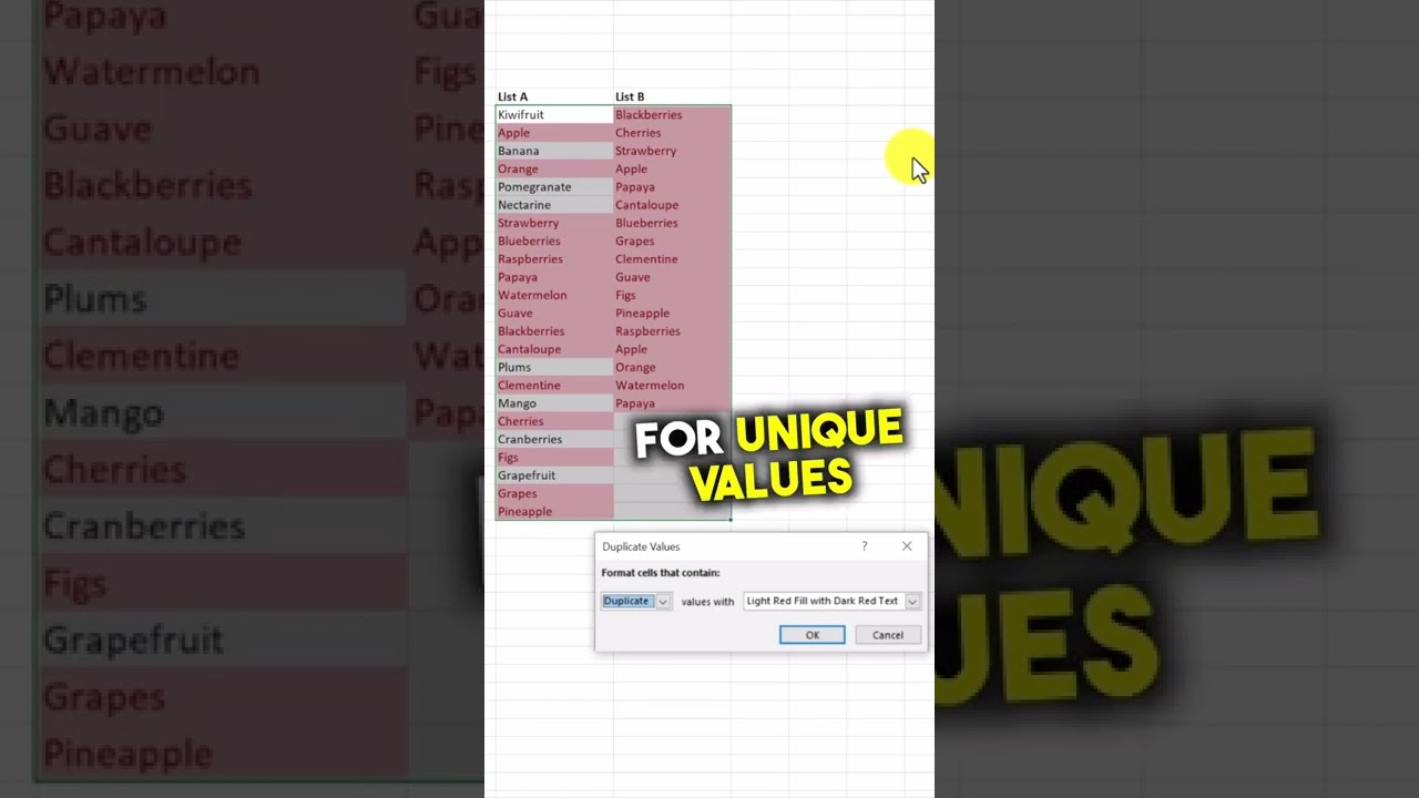 Compare Two Excel Lists for Duplicates & Unique Values