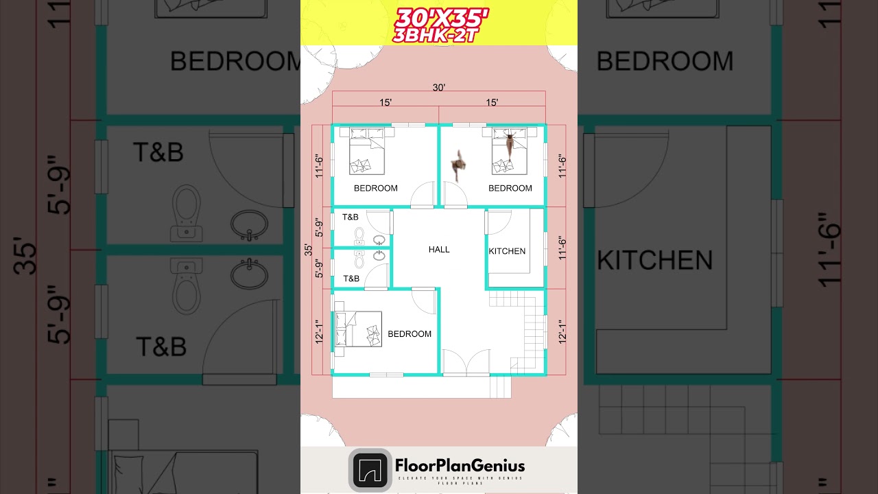 25x30 3-Bedroom Home Plan | 750 SQFT 🏡