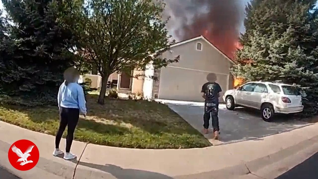Cop takes down locked door with one swift kick to check burning home after being told it won't open