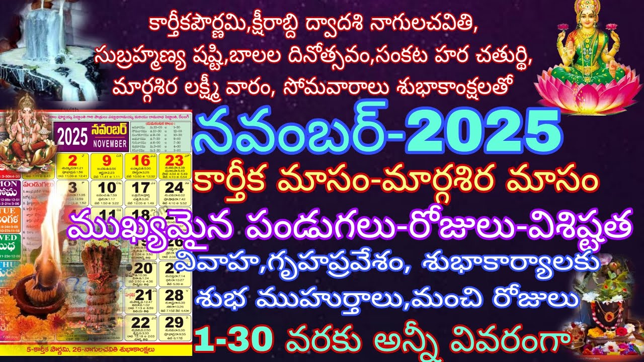 November 2025 Calendar & Festivals in Telugu | Important Dates & Muhurthams ποΈ