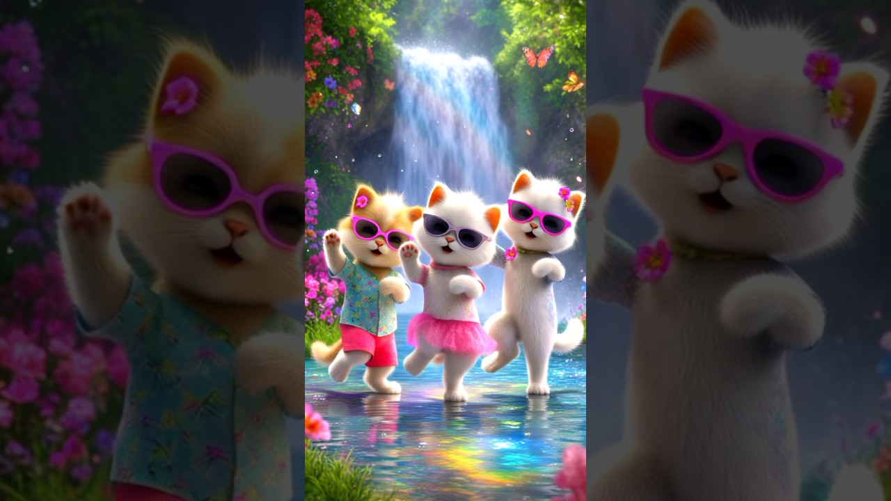 Adorable Baby Cats Dancing by Waterfall 🐾 #Shorts #Trending