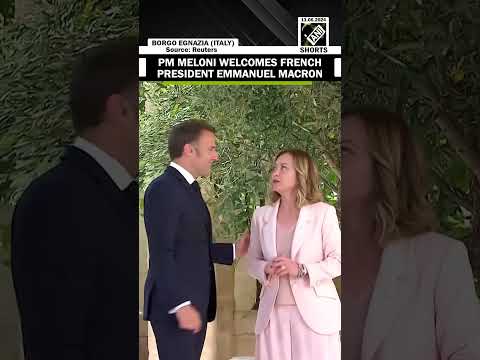 G7 Summit Italia: Italian Prime Minister Georgia Meloni welcomes French President Emmanuel Macron