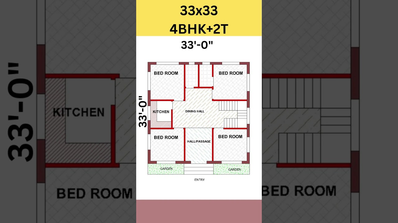 33x33 4 bed room ka makan, 33*33 house plan, 33 by 33 home design #shorts #homeplan #housedesign