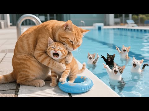 Poor Ginger Kitten Gets Teased for Not Knowing How to Swim, So Mama Cat Sends Her to Swim Class😿