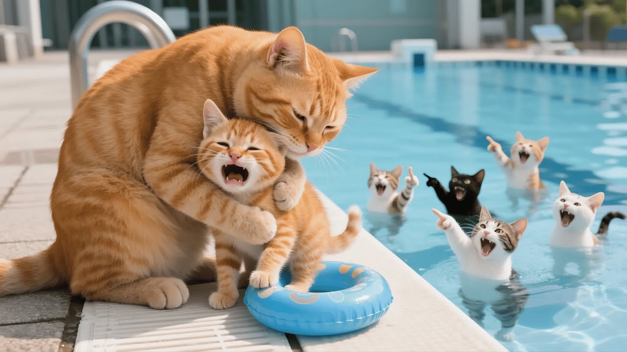 Ginger Kitten Struggles to Swim & Gets a Surprise Lesson 🐾