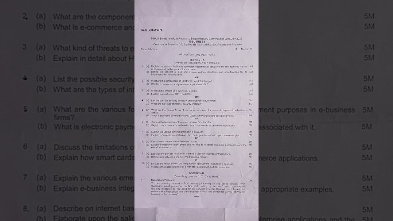 JNTUA MBA R21 E-Business Question Paper | R21MBA1-2 Semester July 2025