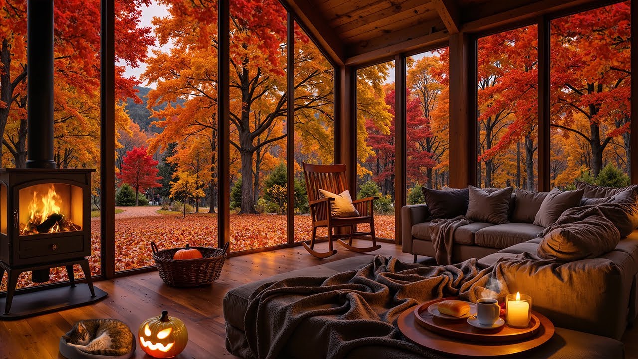Autumn Cabin Ambiance: Jazz & Fireplace Crackles 🍂