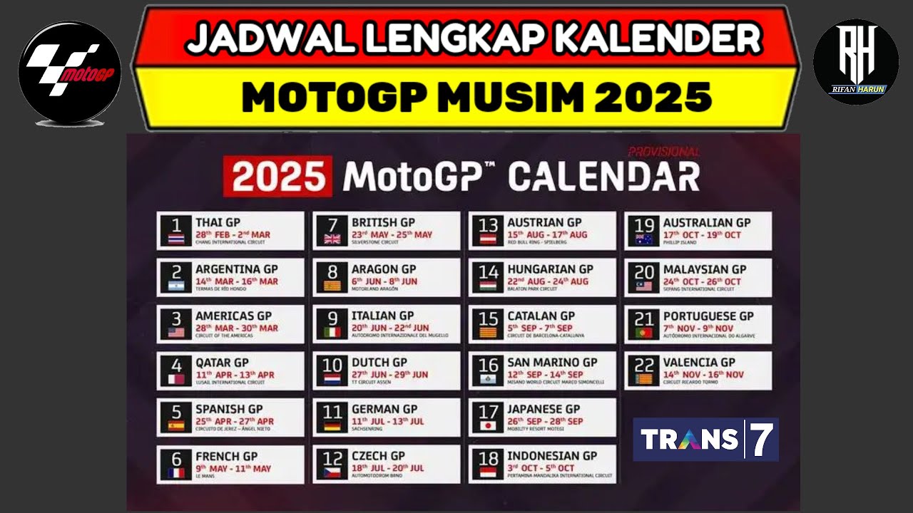 Jadwal Motogp 2025 | Kalender Motogp 2025 | Jadwal Motogp Mandalika 2025 | Live Trans7