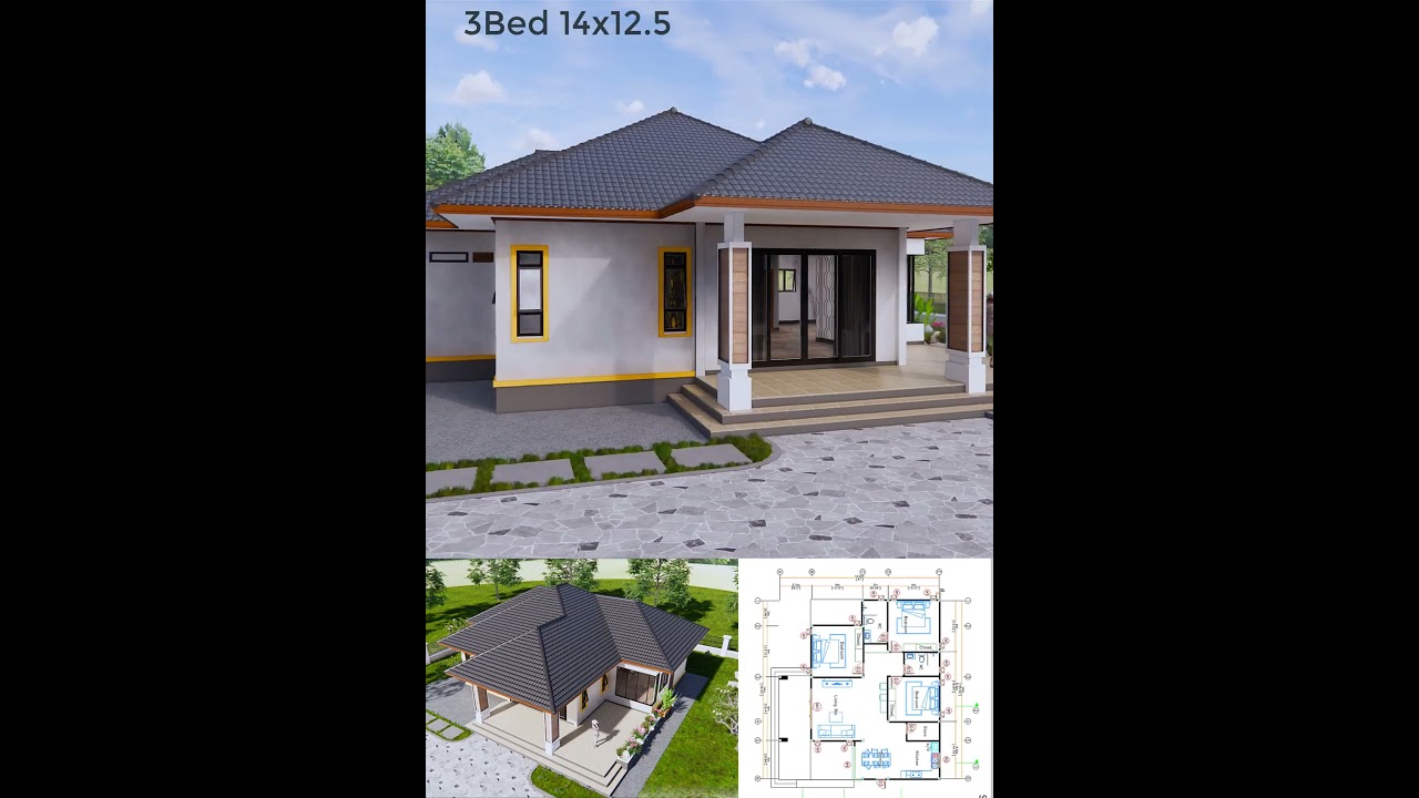 3D House Plan: 14x12.5m, 3 Bedrooms, Hip Roof 🏠