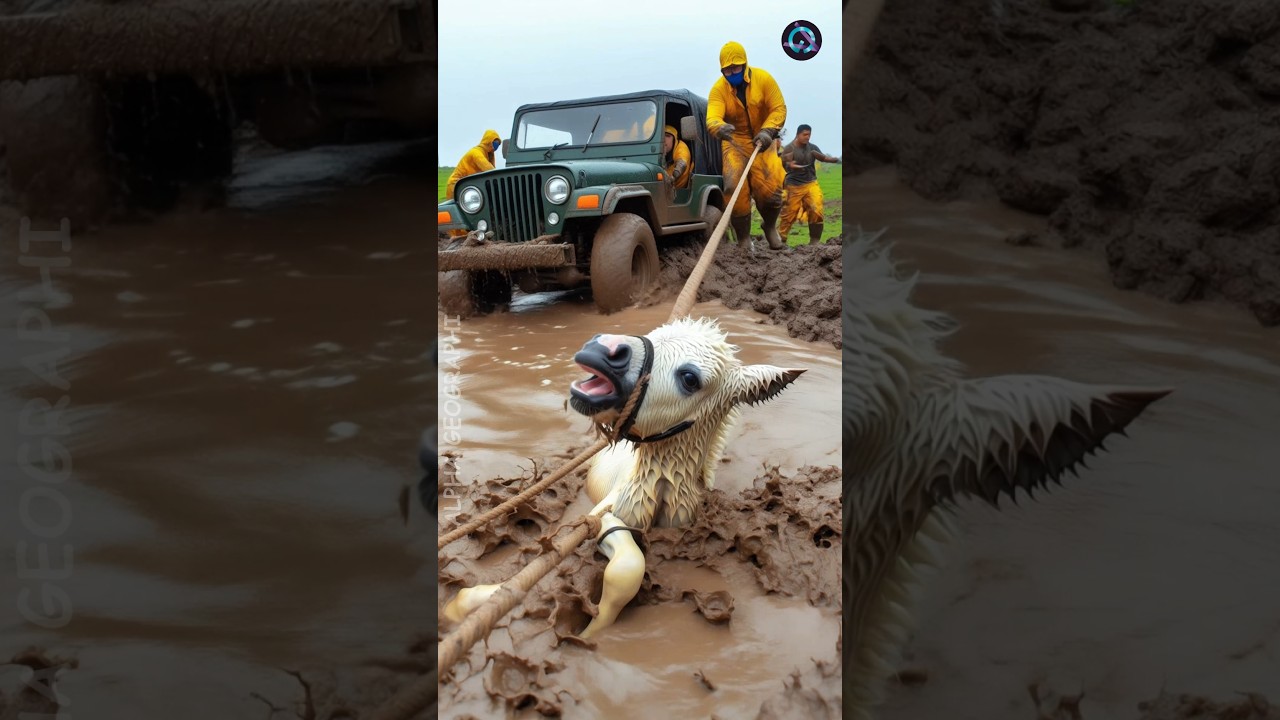 Mother Horse Rescues Baby Horse Trapped in Muddy Field