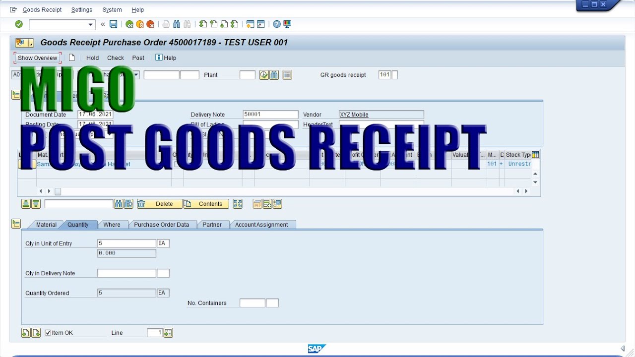 SAP MIGO: Post Goods Receipt for Purchase Order 🛒