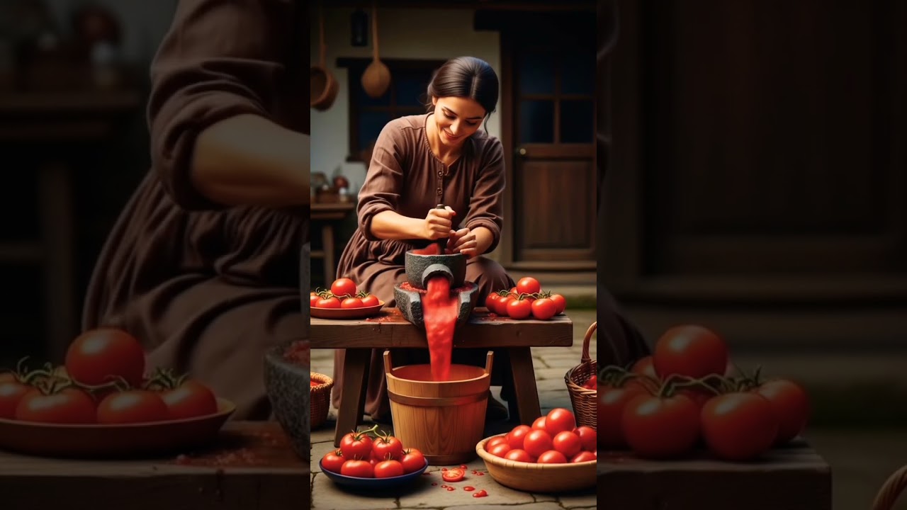 Woman Grinds Tomatoes Using Traditional Stone Grinder 🍅