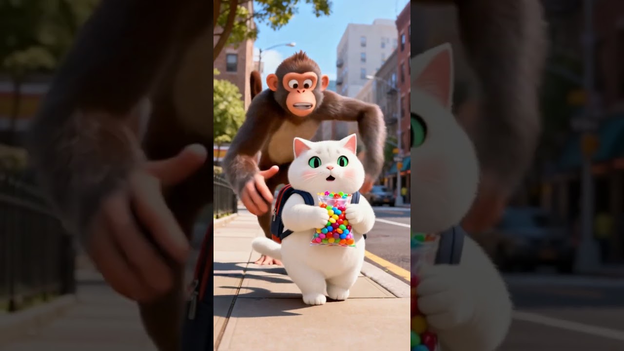 Monkey’s Mess Leads to White Cat’s Sweet Surprise! 🍎🍬🐾 #funny #cat #cartoon #monkey #animation #cute