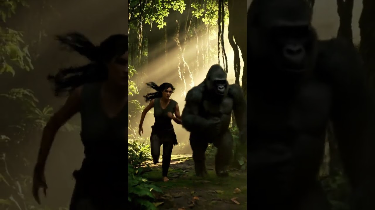 Prehistoric Love: Woman & Gorilla Running π¦