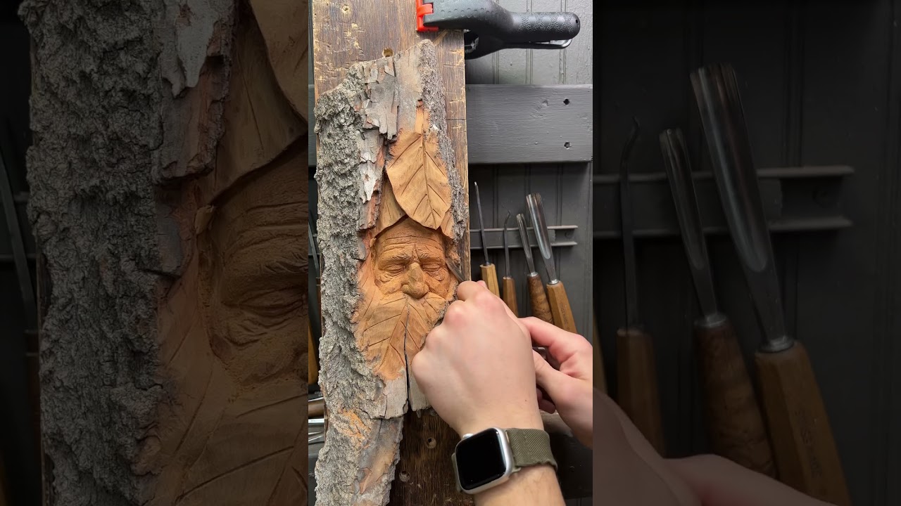 Greenman Carving in Cottonwood Bark 🌿