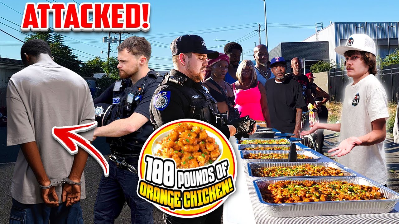 Feeding 100 Pounds of Orange Chicken to the Homeless — Unexpected Attack! 🍊