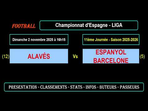 ALAVÉS - ESPANYOL BARCELONE : 11ème journée Liga - Match football saison 2025-2026
