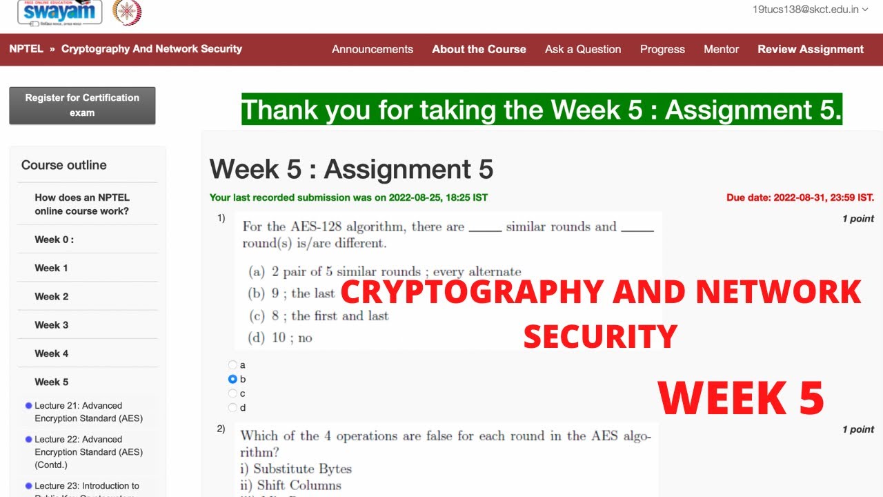 NPTEL 2022 Week 5 Solution: Cryptography & Network Security 🔐