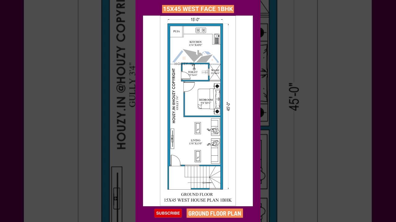15x45 West Facing House Plan|15 45 ka naksha #houzy #westfacinghouse #homedesign #floorplan #1bhk