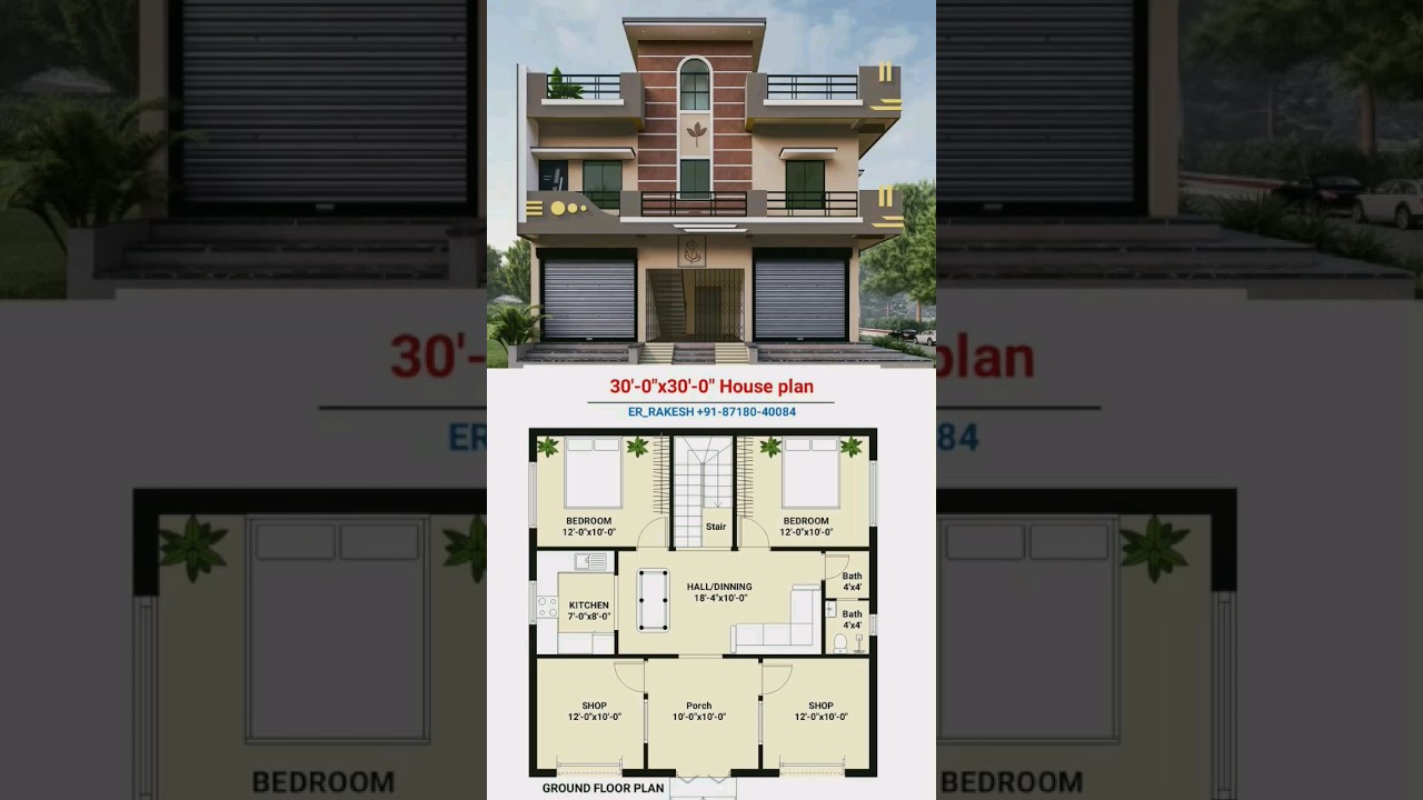 30x30 2BHK House Plan with Shops & Parking π‘