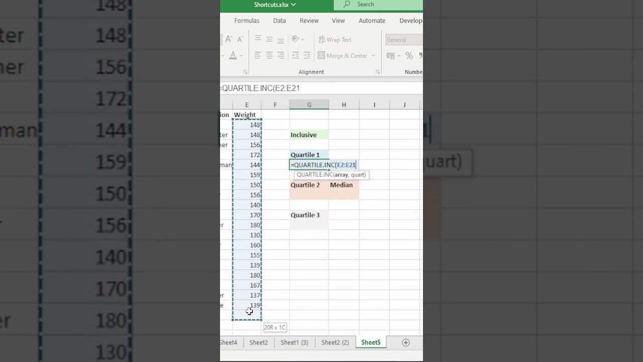 Calculating First Quartile (25th Percentile) in Excel #shorts