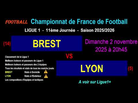 BREST - LYON : 11ème journée de Ligue 1 - Stats, infos, pronos - Football saison 2025-2026