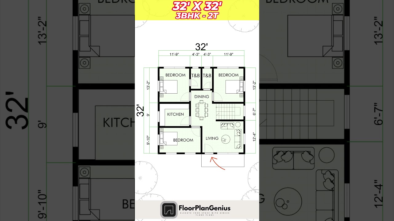 32x32 3-Bedroom House Plan 🏡