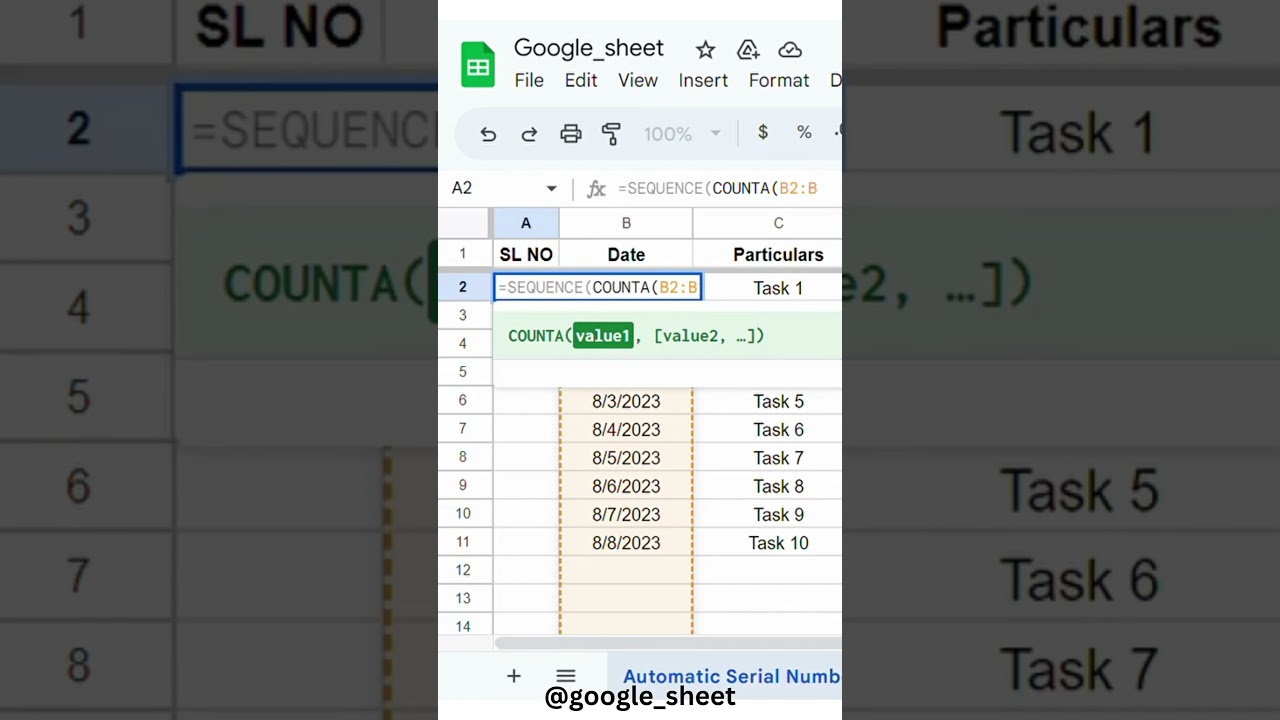 Auto Serial Numbers with SEQUENCE & COUNTA in Google Sheets