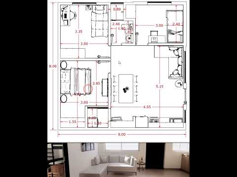 Casa de 64 m2. Plano de vivenda con 3 dormitorios, baño, sala, comedor y cocina Build home design