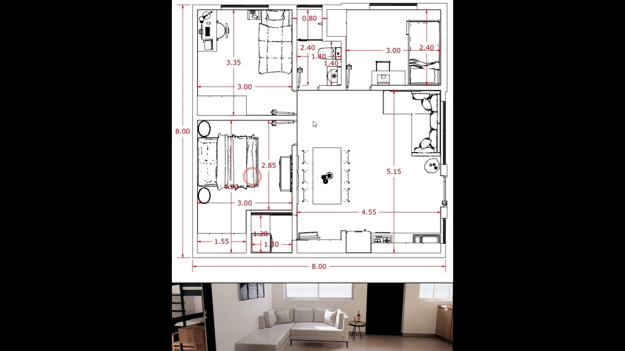 Casa de 64 m2. Plano de vivenda con 3 dormitorios, baño, sala, comedor y cocina Build home design