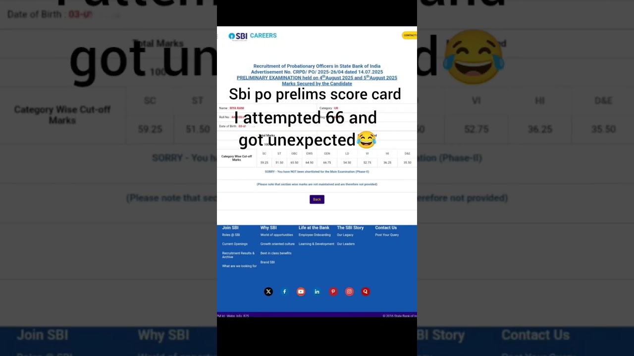 sbi po prelims score card out 2025 #sbipo #banker👍🏻