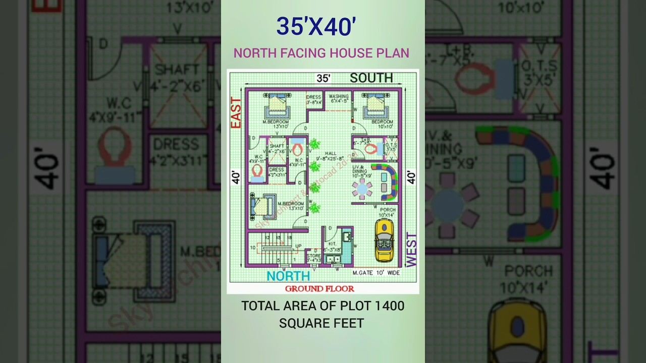 North-Facing 35'x40' House Plan (1400 sq ft) π‘
