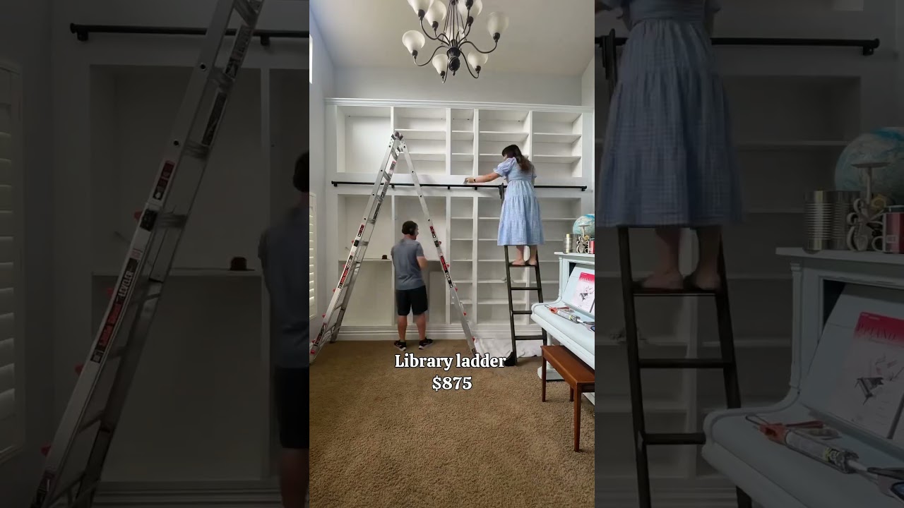 DIY IKEA library wall with a ladder for $2,165—looks totally custom! #ikeahack #diylibrary