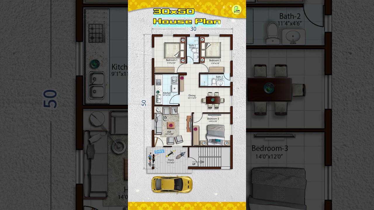 30x50 3-BHK House Plan with Porch π‘