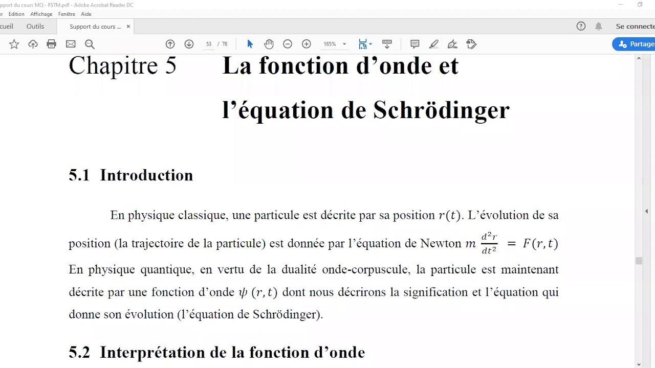 Partie 1, Chapitre 5 : La Fonction d'onde - Cours de Mécanique Quantique FST Mohammedia
