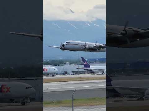 Super Old Everts DC6 takeoff from ANC. Barely Climbing Amazing Rare airplane. 66 years old aircraft