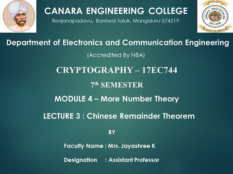 VTU CRYPTO 17EC744 M4 L3: Chinese Remainder Theorem Explanation and Numerical Examples