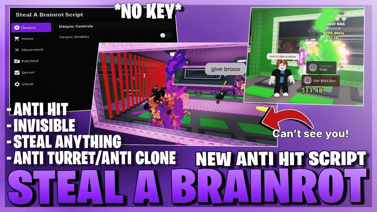 Steal A Brainrot Script *NO KEY* - Anti Hit, Auto Buy, Instant Steal, Brainrot Spawner & More! β οΈπΎ
