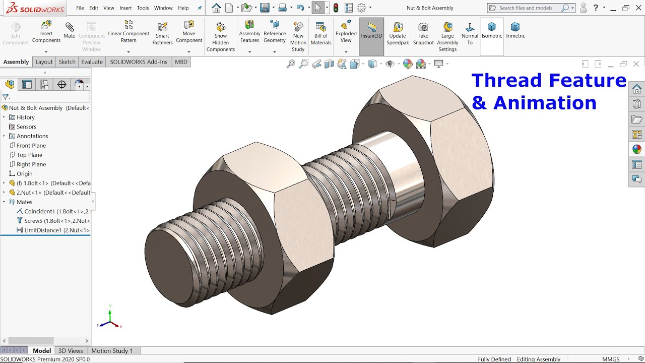 SolidWorks Nut, Bolt & Thread Features + Animation 🔩