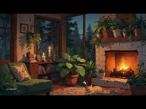Rainy Night by the Fireplace with sleepy cat – Cozy Lofi for Reading & Relaxation 🌧️🔥🐾
