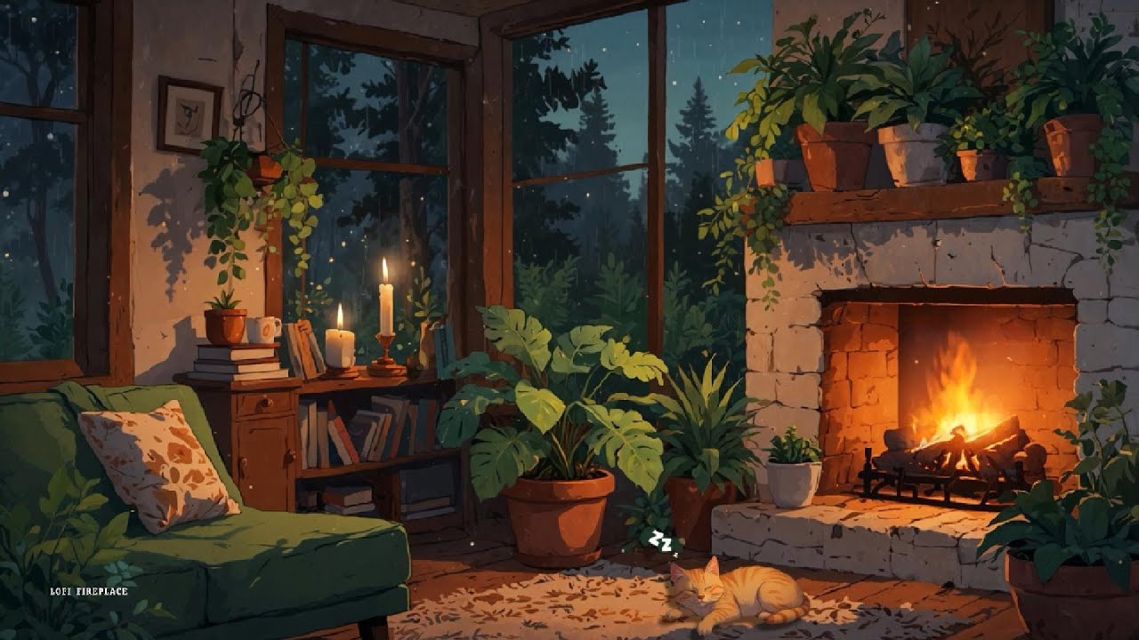 Relaxing Rainy Night with Fireplace & Sleepy Cat 💤 – Cozy Lofi for Reading & Chill