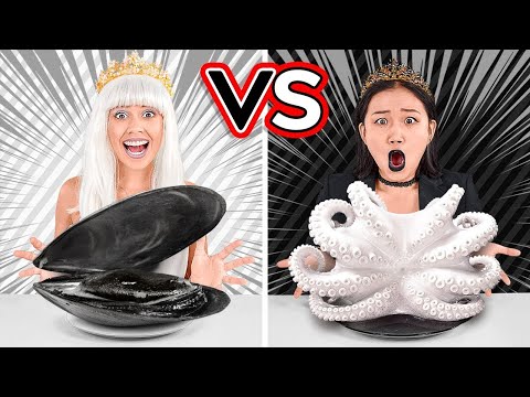 TANTANGAN HITAM VS PUTIH! Serunya Makan Makanan 1 Warna dalam 24 Jam oleh 123 GO! CHALLENGE